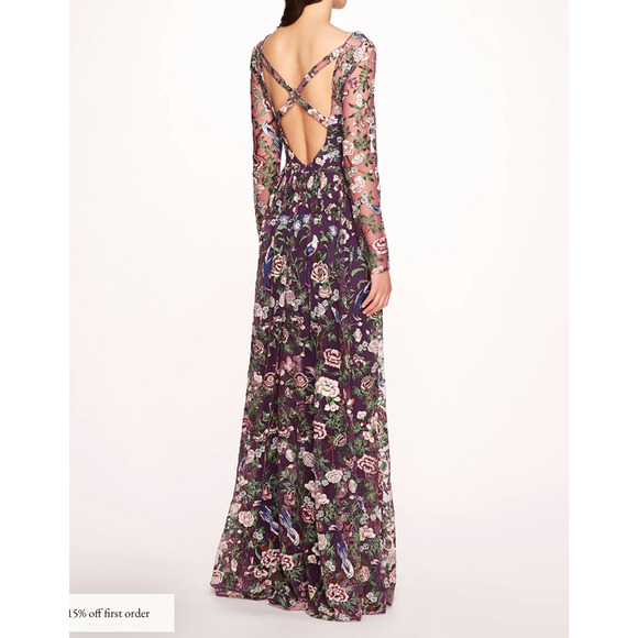 Marchesa Floral Embroidered Gown Purple Green Sheer Long Sleeve Dress Sz 2 - Picture 5 of 14